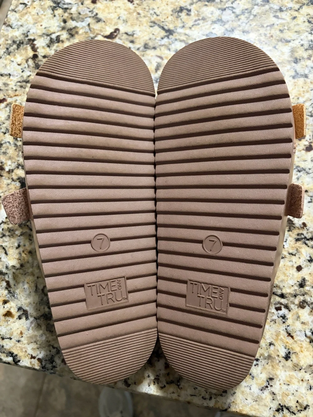 Time and Tru Rose Gold and Tan Dual Buckle Slide Sandals